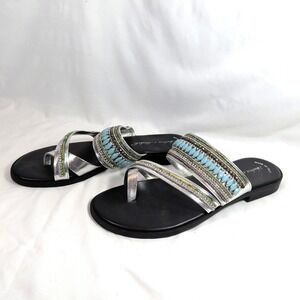 Andrea e Michele Silver Sandals; Beaded Toe Loop Flat Slides